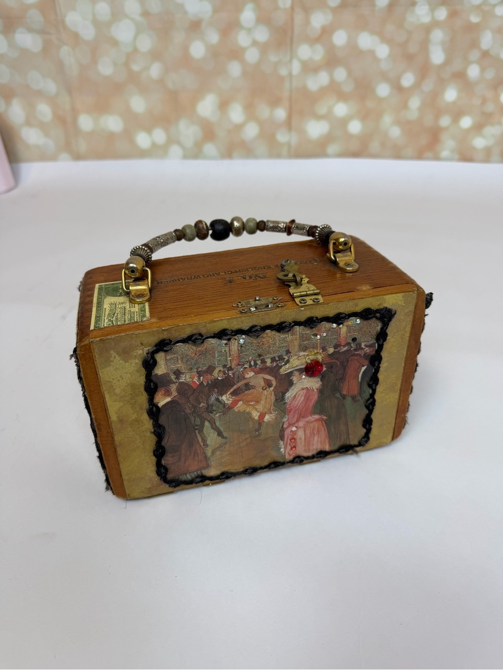 Vintage Wooden Decoupage Limited Edition Cigar Box Purse Beaded Handle
